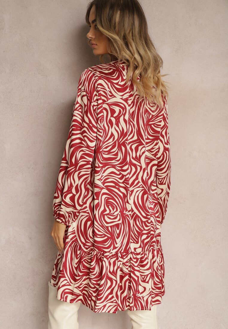 christy Rochie mini evazată bordo-bej în stil cămașă cu volan și model decorativ Bevina