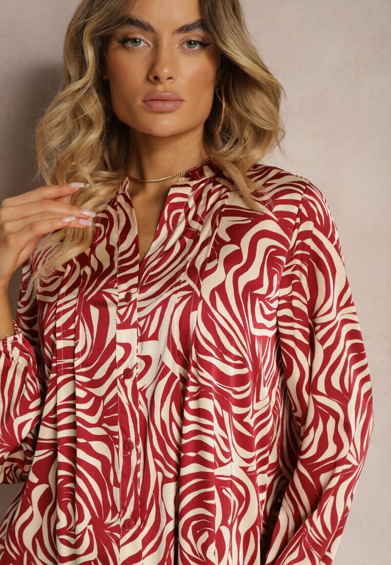 christy Rochie mini evazată bordo-bej în stil cămașă cu volan și model decorativ Bevina