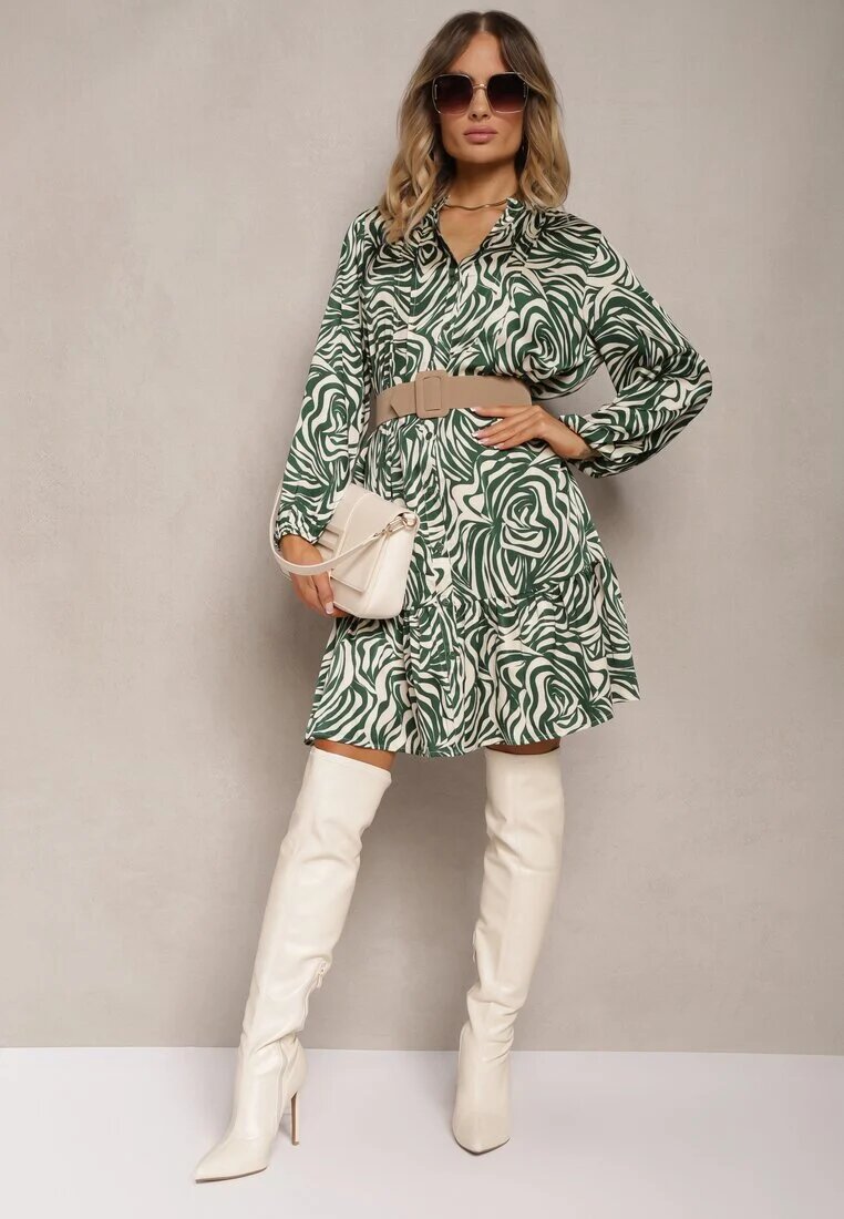 christy Rochie Mini Evazată Verde-Bej în Stil Cămașă cu Volănaș și Model Decorativ Bevina
