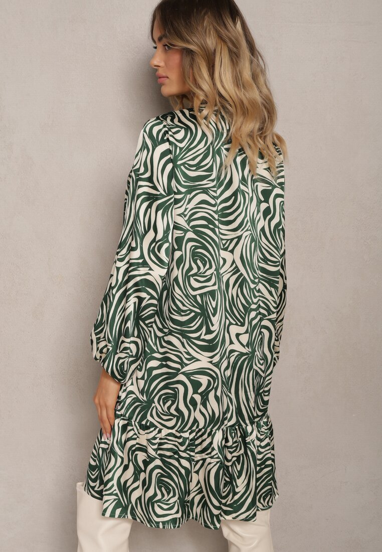 christy Rochie Mini Evazată Verde-Bej în Stil Cămașă cu Volănaș și Model Decorativ Bevina