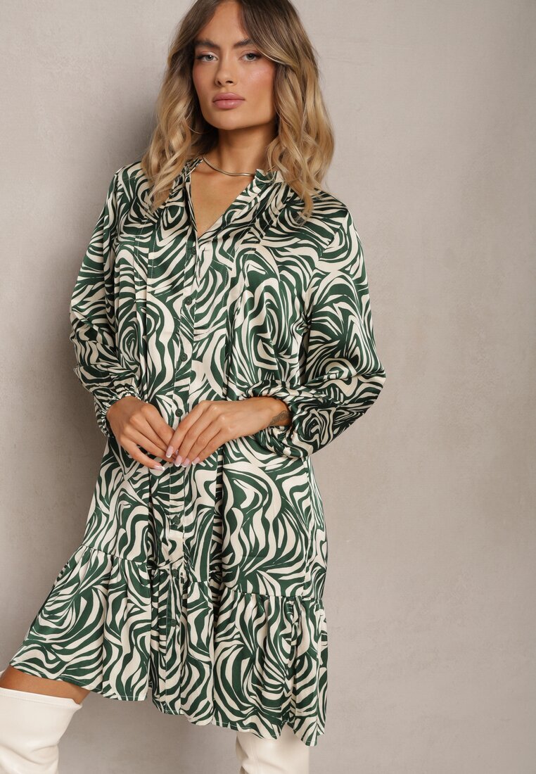 christy Rochie Mini Evazată Verde-Bej în Stil Cămașă cu Volănaș și Model Decorativ Bevina
