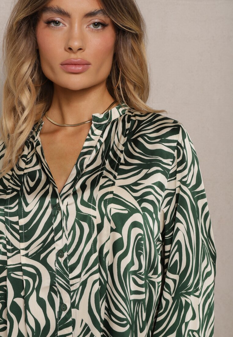 christy Rochie Mini Evazată Verde-Bej în Stil Cămașă cu Volănaș și Model Decorativ Bevina