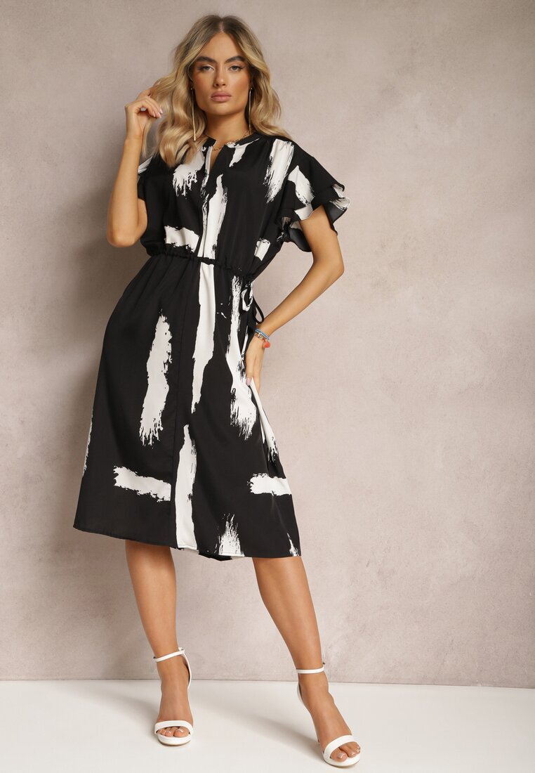 christy Rochie Negru-Alb Dreaptă cu Model Decorativ și Șnur în Talie Sidna