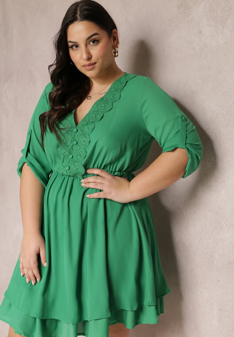 christy Rochie Verde Mini cu elastic în talie și inserții din dantelă Kelia