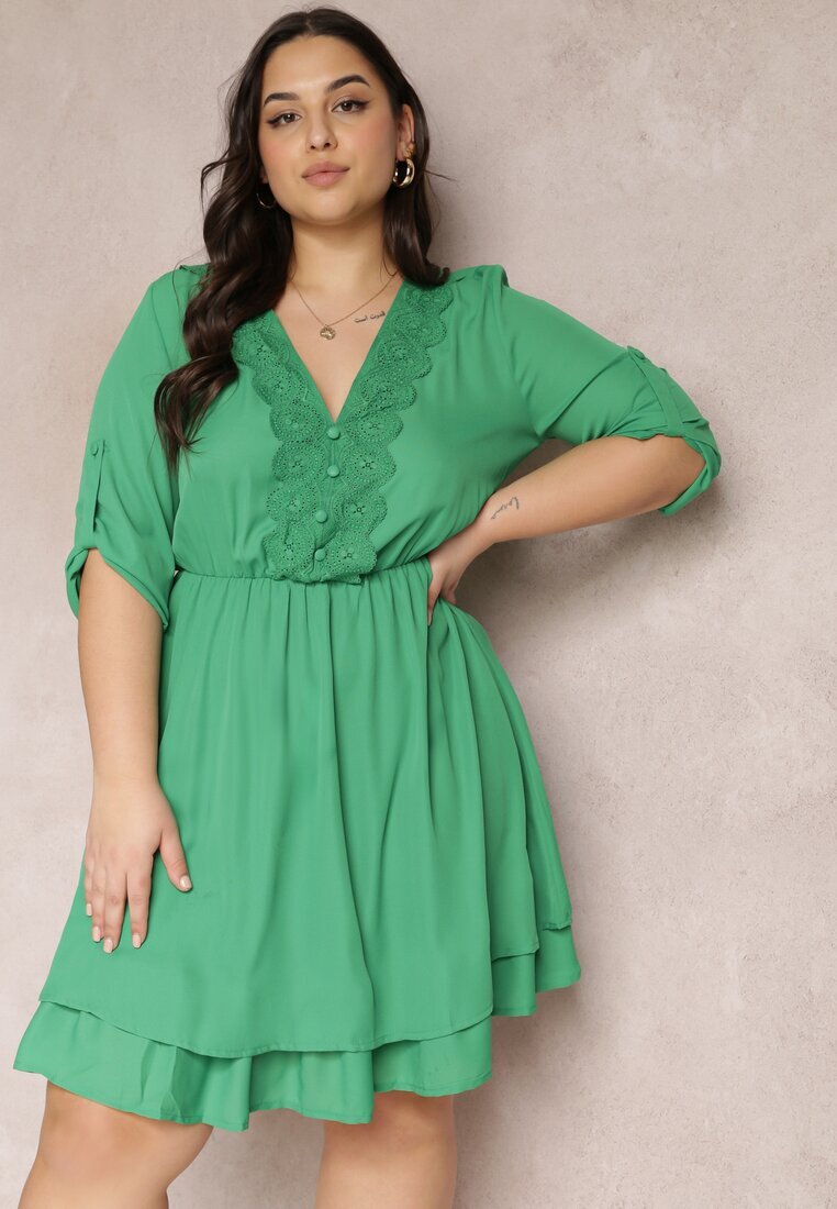 christy Rochie Verde Mini cu elastic în talie și inserții din dantelă Kelia