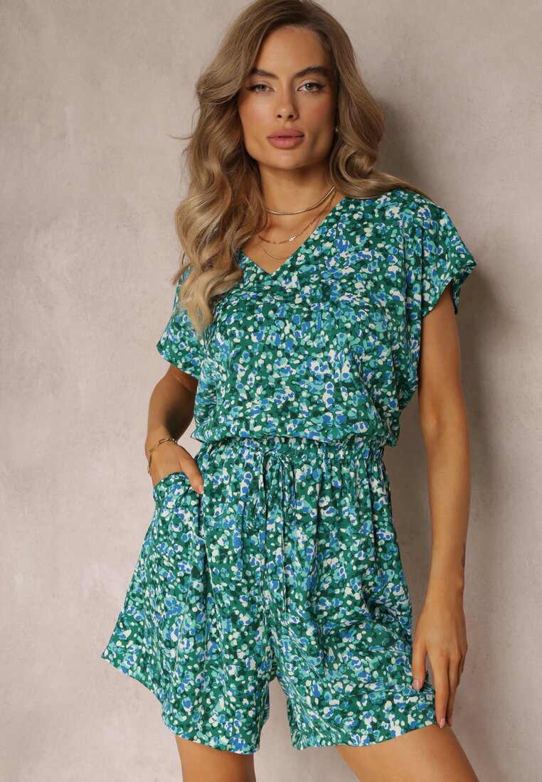 christy Salopetă Florală Verde cu mâneci scurte și pantaloni scurți Olyssa