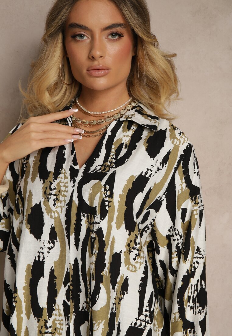christy Set Negru-Bej din Viscoză Bluză cu Croială de Cămașă și Pantaloni Largi Sariliana