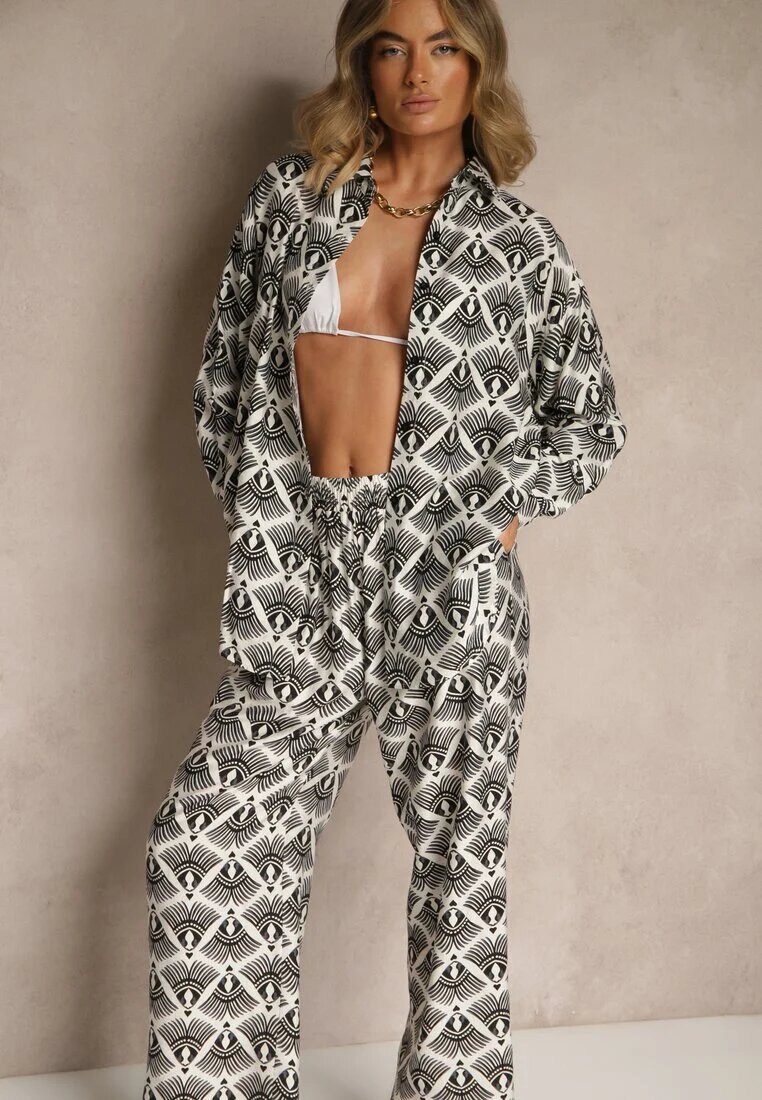 christy Set Negru cu Vâscoză Cămașă și Pantaloni Decorat cu Imprimeu Ornamental Elezoria