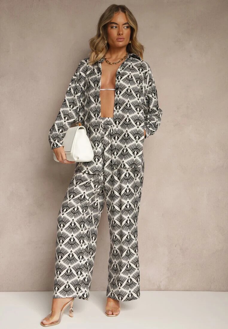 christy Set Negru cu Vâscoză Cămașă și Pantaloni Decorat cu Imprimeu Ornamental Elezoria