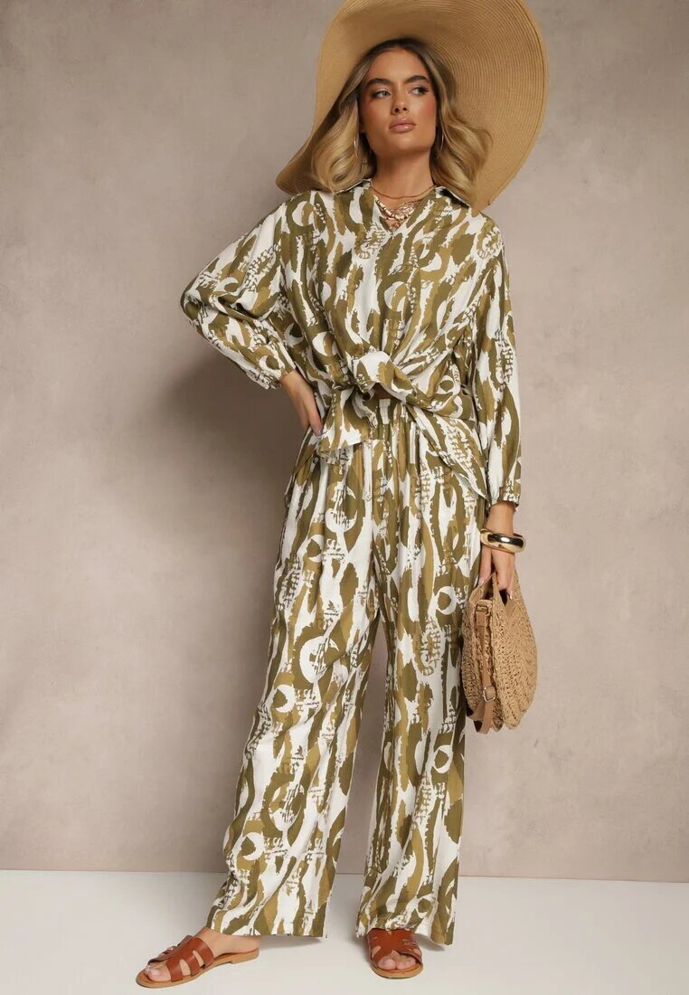 christy Set Verde cu Vâscoză Bluză cu croială tip cămașă și Pantaloni Larghi Sariliana