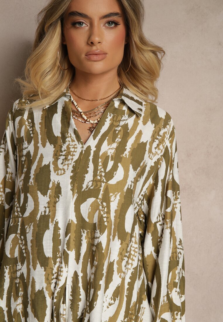 christy Set Verde cu Vâscoză Bluză cu croială tip cămașă și Pantaloni Larghi Sariliana