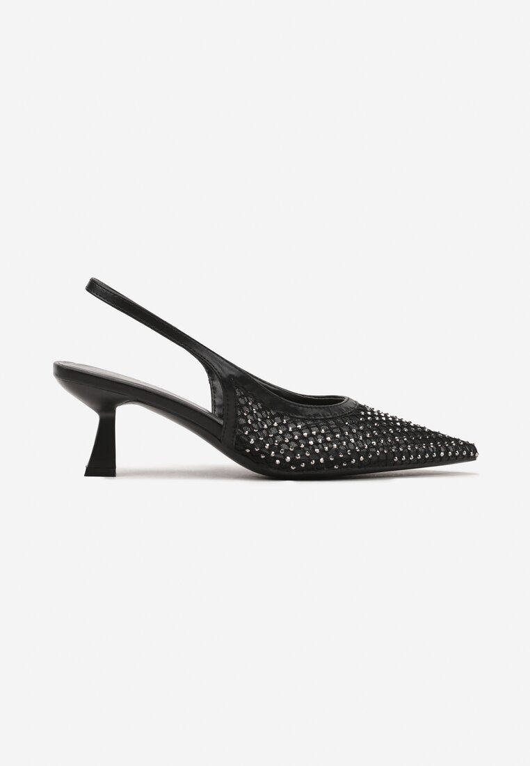 cink me Sandale Negre cu toc tip rață Slingback cu partea superioară din plasă decorate cu cristale Vilfitis