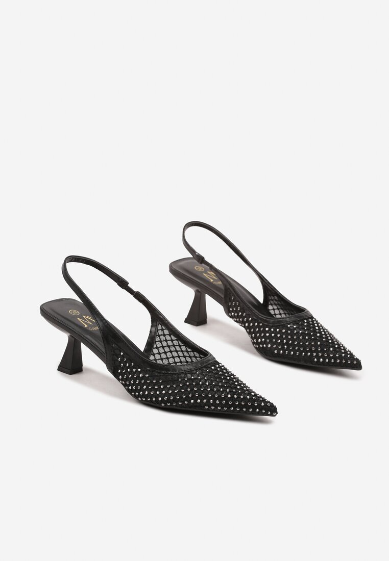 cink me Sandale Negre cu toc tip rață Slingback cu partea superioară din plasă decorate cu cristale Vilfitis