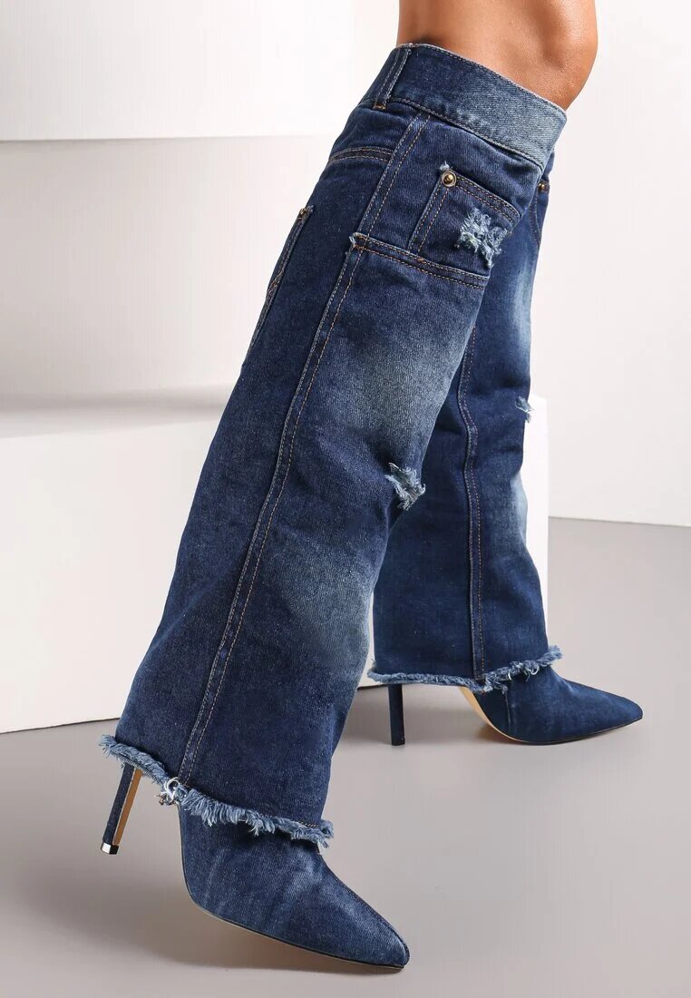  Cizme albastre cu toc cui din denim decorate cu rupturi și găuri Cikase
