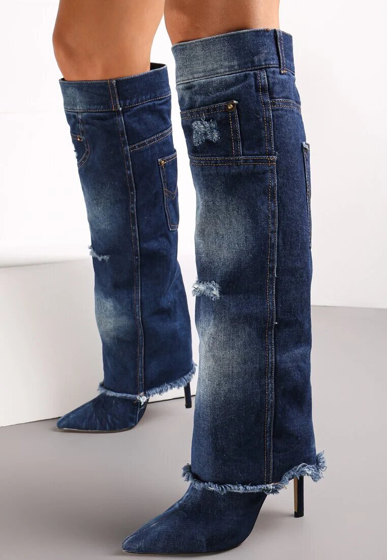  Cizme albastre cu toc cui din denim decorate cu rupturi și găuri Cikase