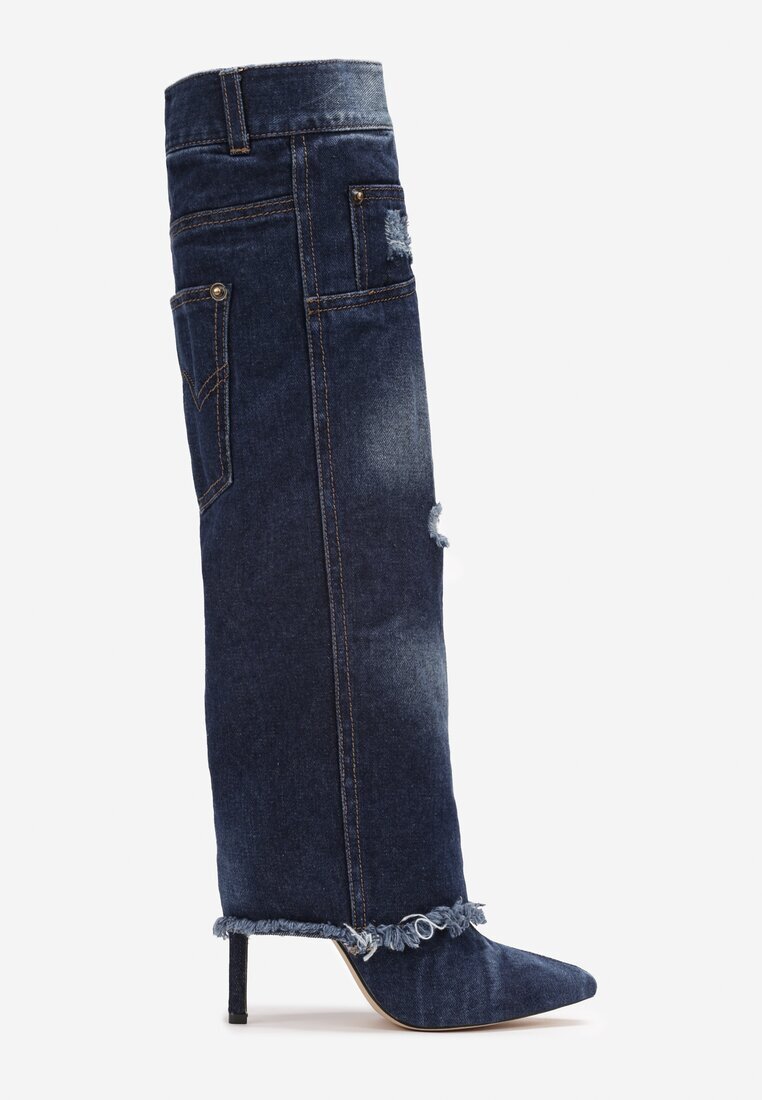  Cizme albastre cu toc cui din denim decorate cu rupturi și găuri Cikase