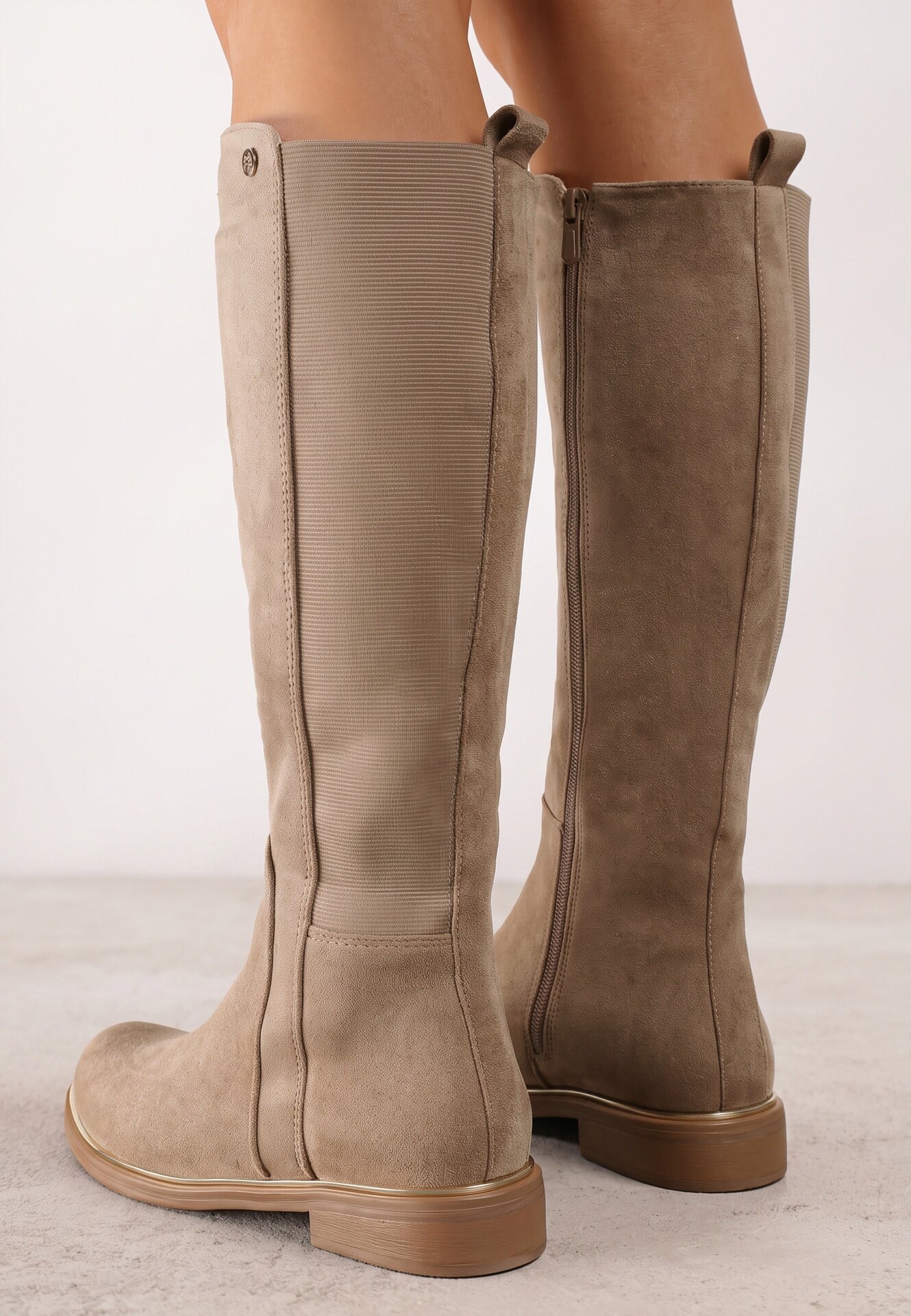  Cizme Bej din Ecosuede pe Talpă Plată Stil Ofițeresc cu Elastic Ansista