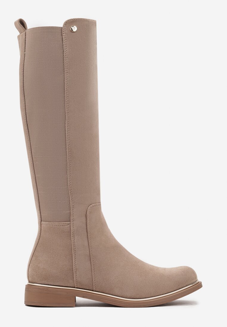 Cizme Bej din Ecosuede pe Talpă Plată Stil Ofițeresc cu Elastic Ansista