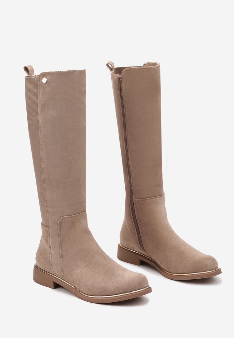  Cizme Bej din Ecosuede pe Talpă Plată Stil Ofițeresc cu Elastic Ansista