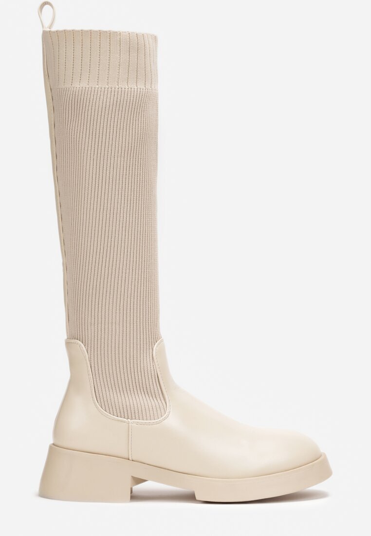  Cizme bej slip-on cu carâmb tip șosetă până la genunchi pe talpă groasă Miraple