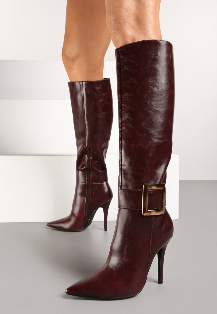  Cizme Bordo cu toc stiletto cu cataramă metalică Evelinna