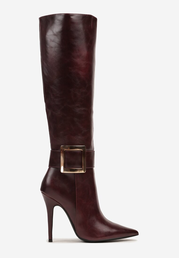  Cizme Bordo cu toc stiletto cu cataramă metalică Evelinna