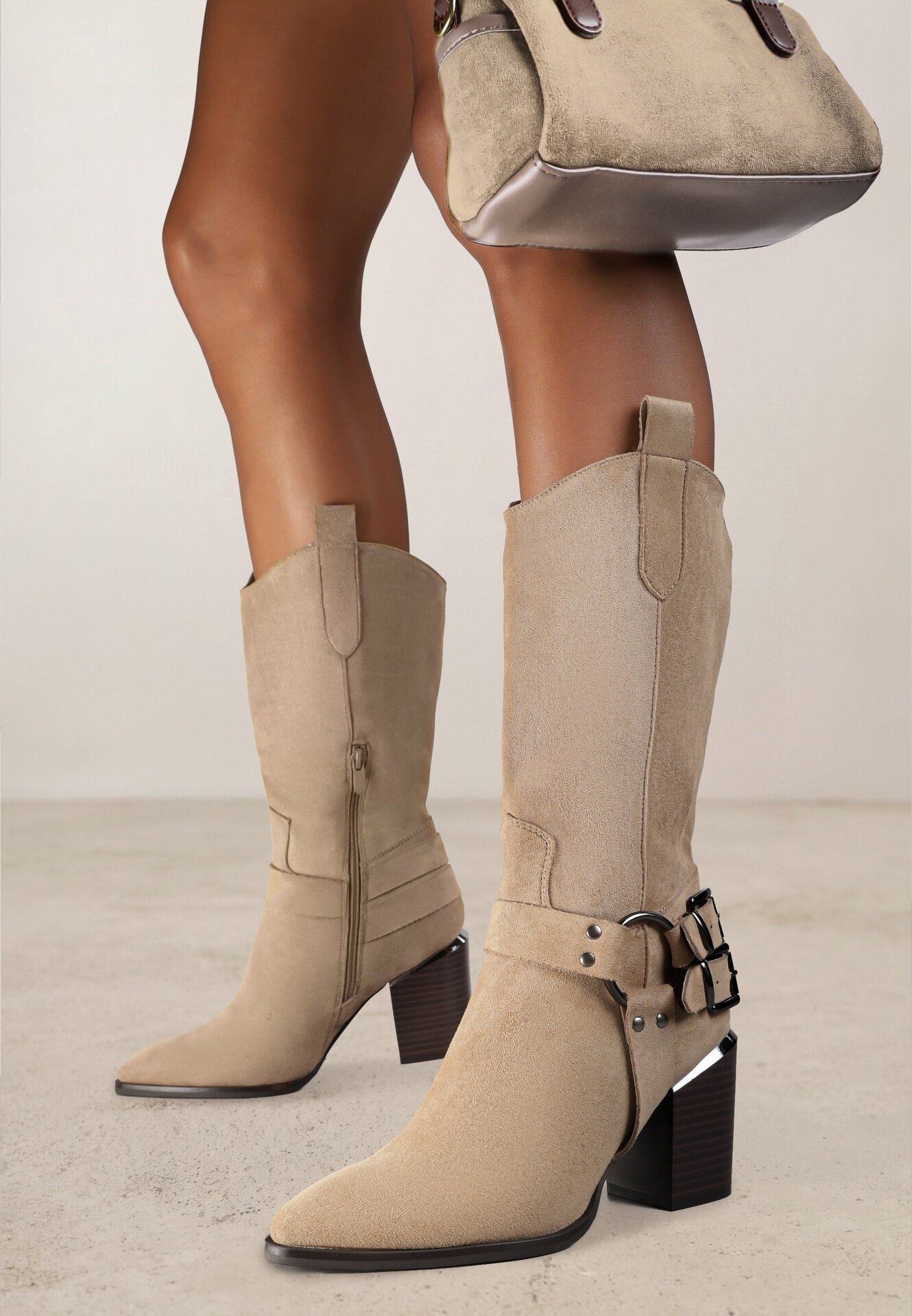  Cizme Cowboy Bej închis în Stil Biker cu Toc Gros Ansabelle