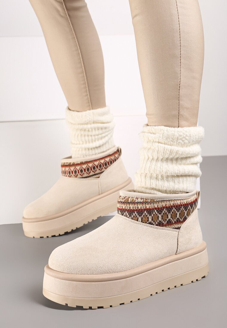  Cizme de zăpadă Bej pe platformă înaltă decorate cu inserție cu model Sinalora