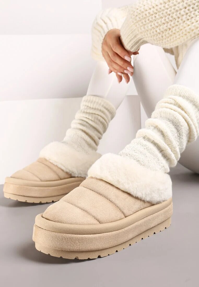  Cizme de zăpadă bej slip-on cu platformă decorate cu blăniță Sinthiana