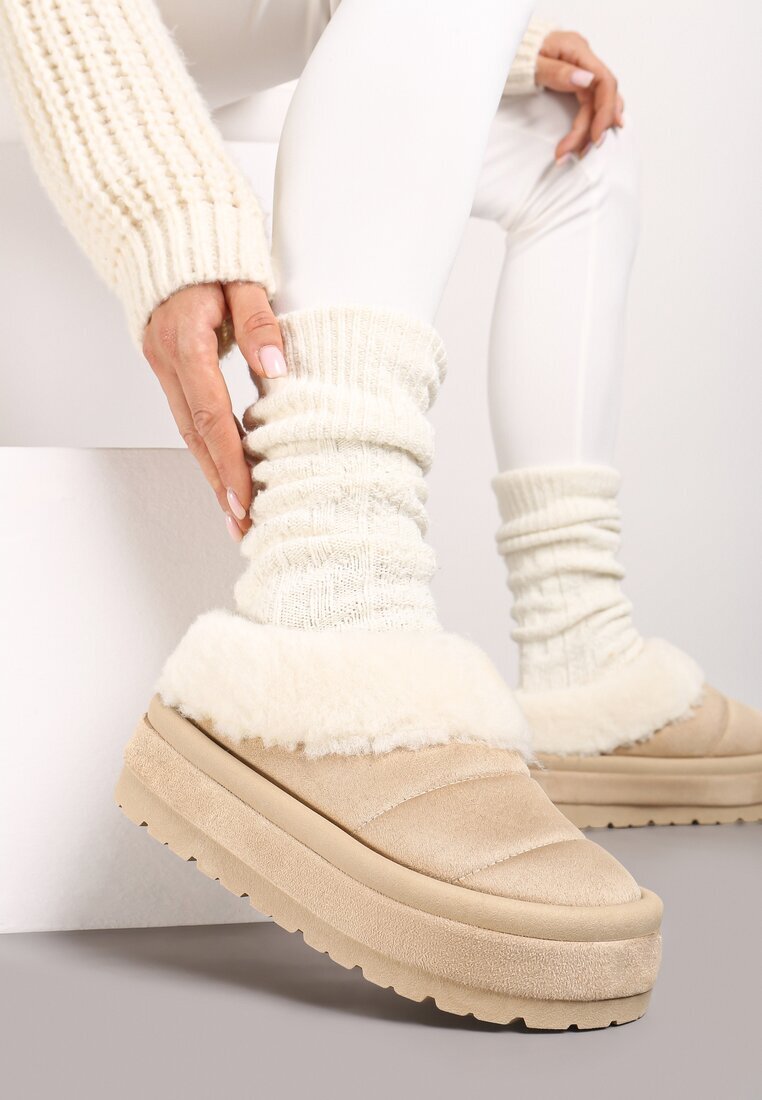 Cizme de zăpadă bej slip-on cu platformă decorate cu blăniță Sinthiana