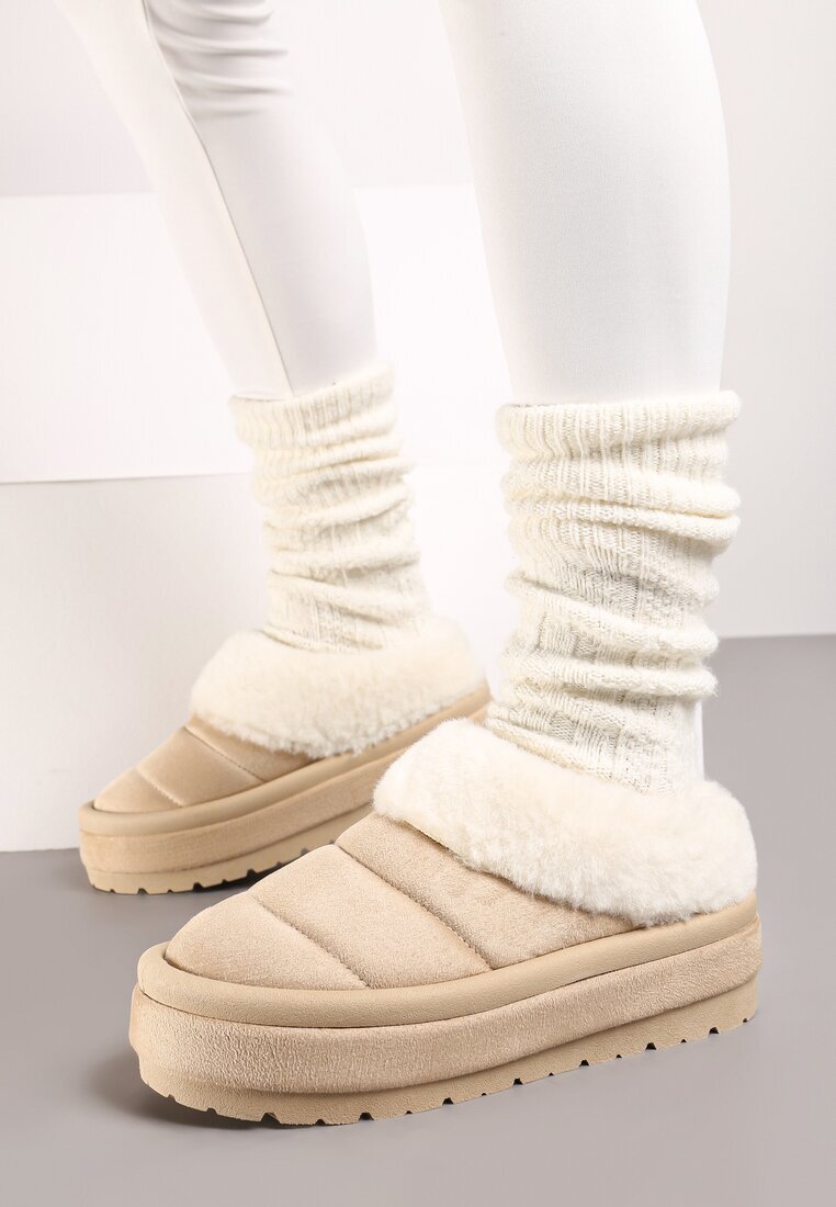  Cizme de zăpadă bej slip-on cu platformă decorate cu blăniță Sinthiana