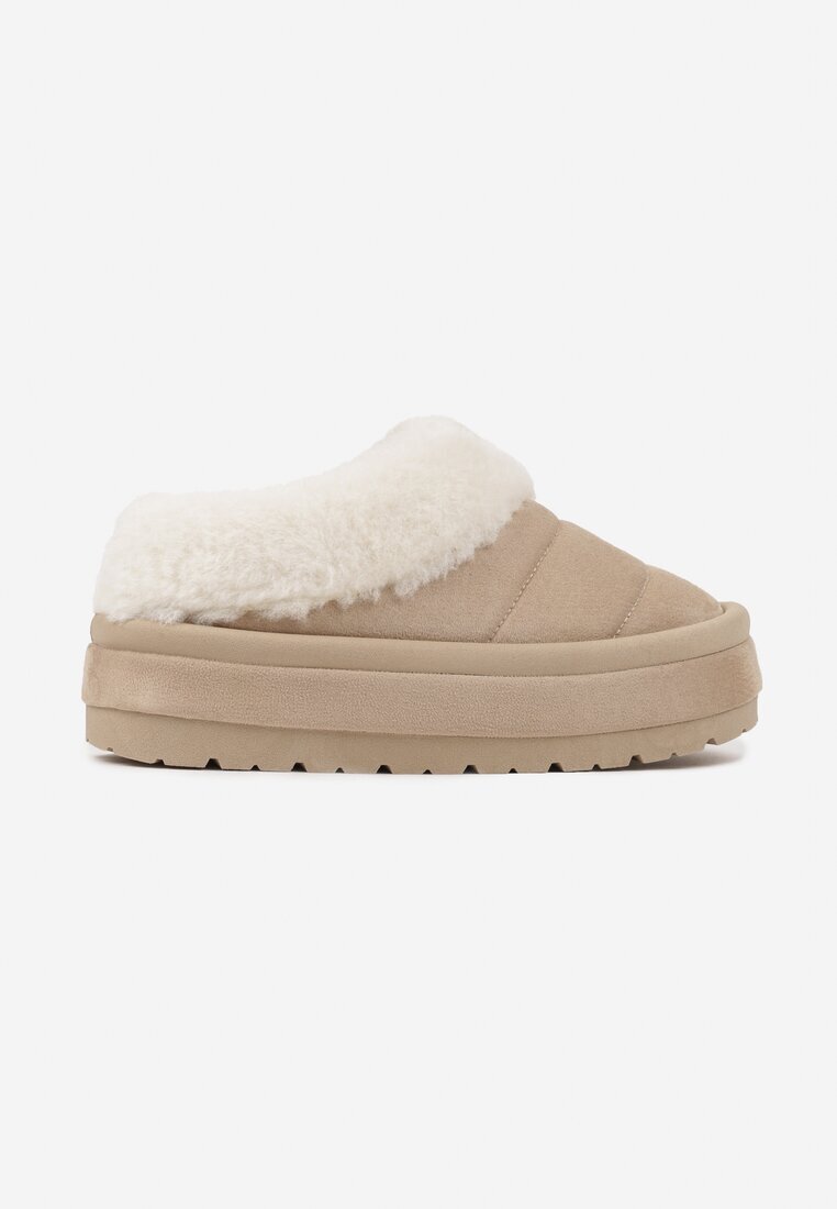  Cizme de zăpadă bej slip-on cu platformă decorate cu blăniță Sinthiana