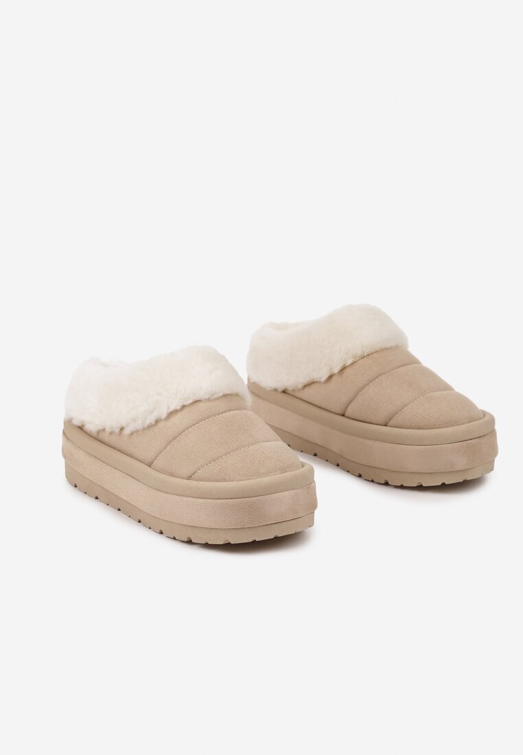  Cizme de zăpadă bej slip-on cu platformă decorate cu blăniță Sinthiana