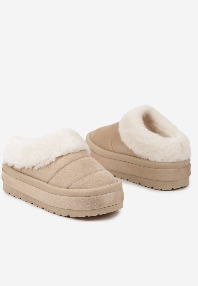  Cizme de zăpadă bej slip-on cu platformă decorate cu blăniță Sinthiana