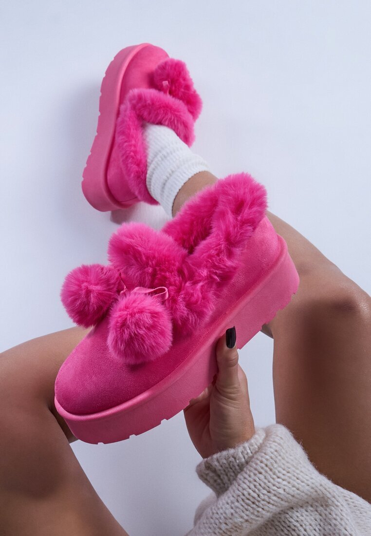  Cizme de zăpadă Fucsia pe platformă cu pompoane și blană artificială decorativă Iriviane