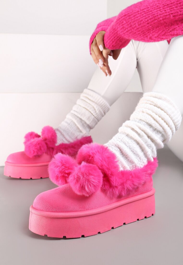  Cizme de zăpadă Fucsia pe platformă cu pompoane și blană artificială decorativă Iriviane