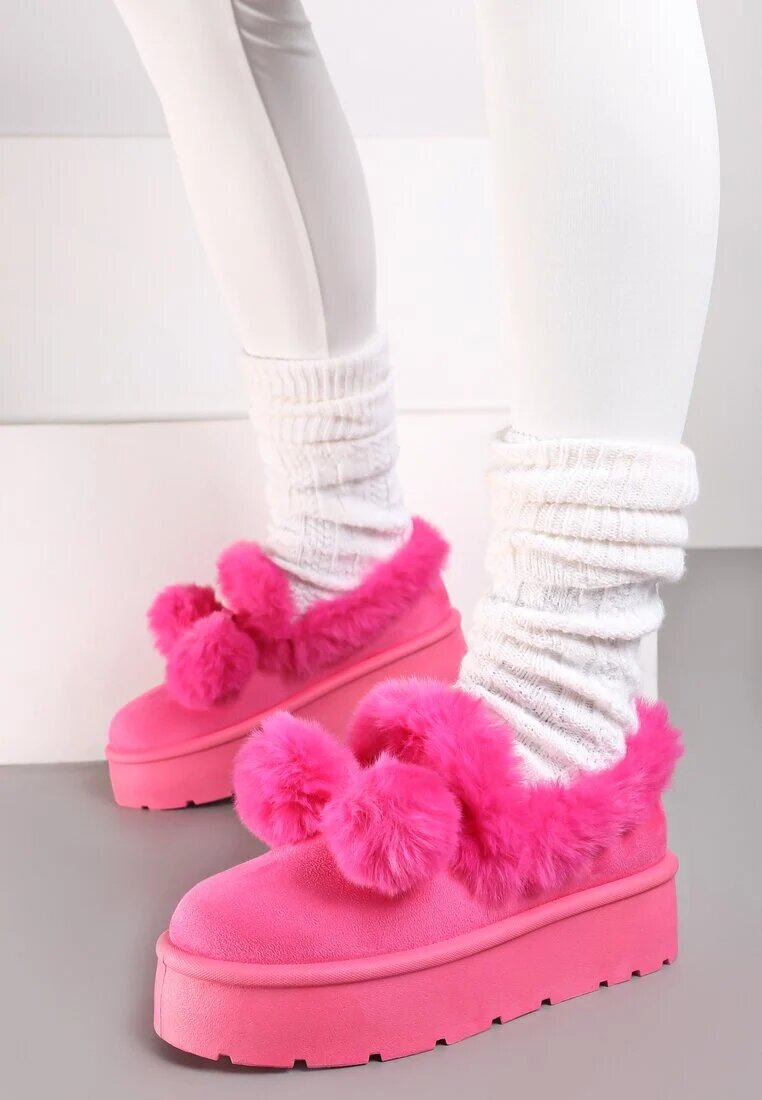  Cizme de zăpadă Fucsia pe platformă cu pompoane și blană artificială decorativă Iriviane