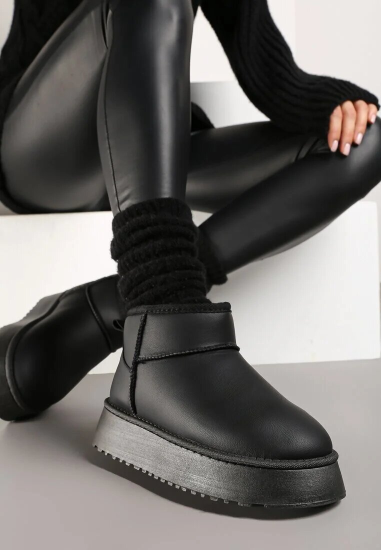  Cizme de zăpadă Negre model slip-on netede casual cu talpă groasă Tinaretia