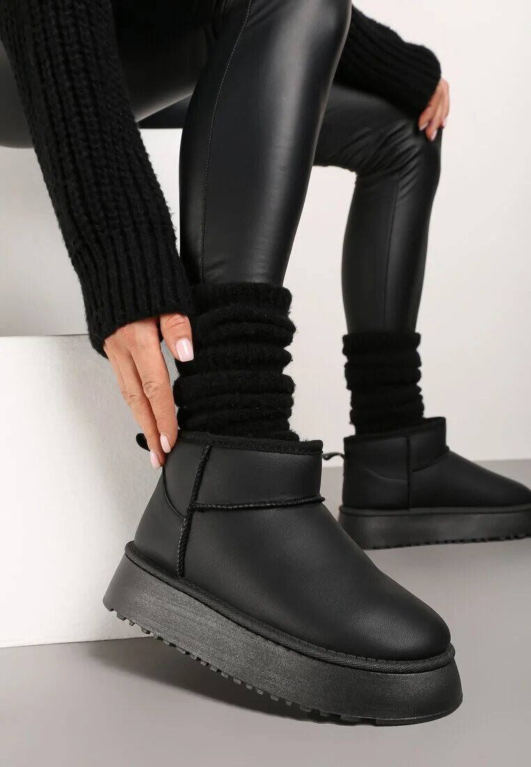  Cizme de zăpadă Negre model slip-on netede casual cu talpă groasă Tinaretia