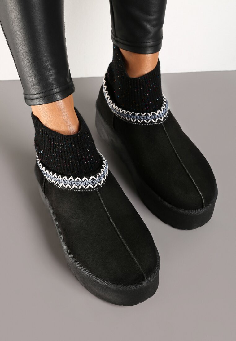  Cizme de zăpadă Negre pe Platformă Decorate cu Broderie și cu Gamba Elastică Izaleen