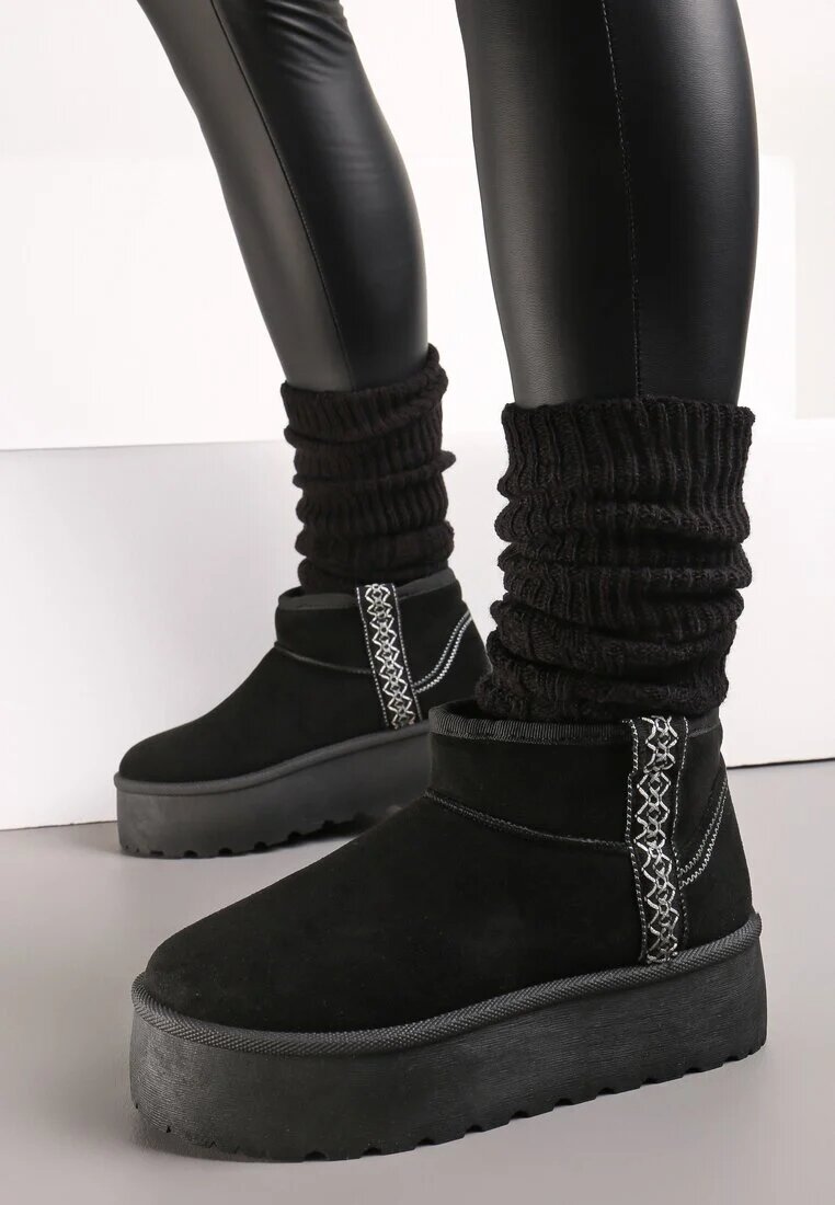  Cizme de zăpadă negre slip-on cu curea decorativă și talpă groasă Veonli