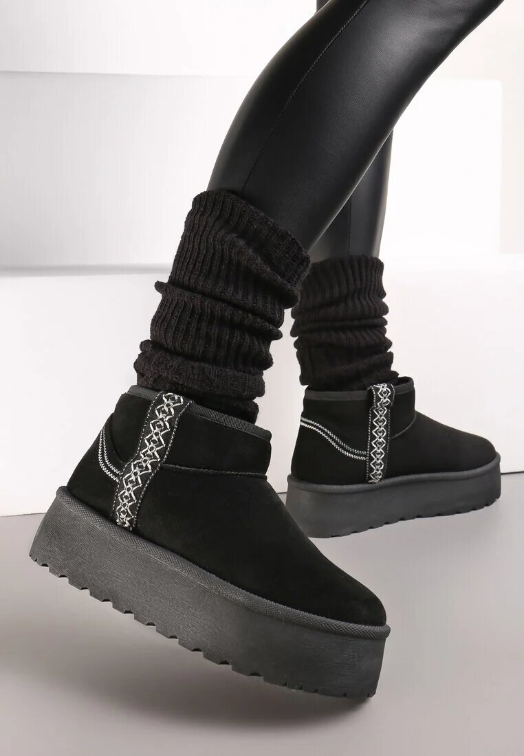  Cizme de zăpadă negre slip-on cu curea decorativă și talpă groasă Veonli