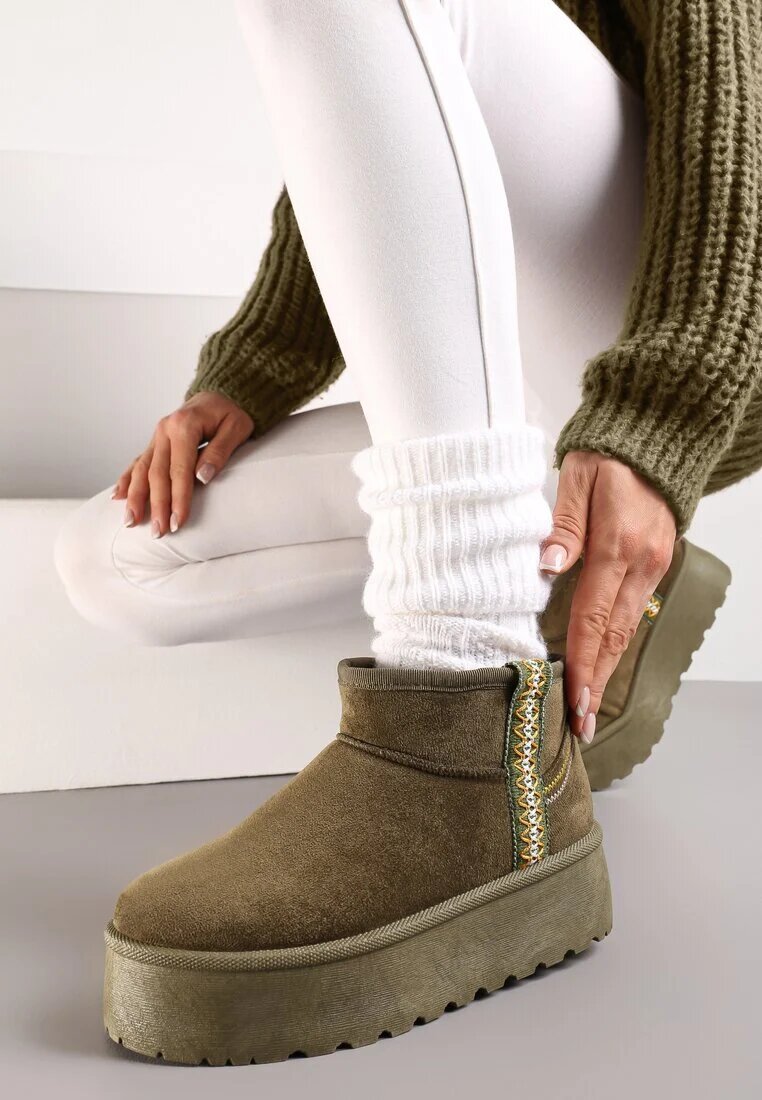  Cizme de zapadă Verzi tip slip-on cu curea decorativă și talpă groasă Veonli