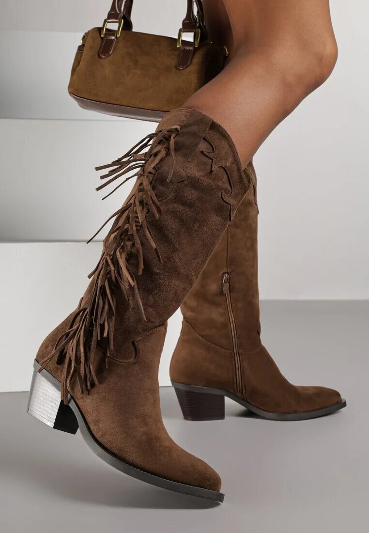  Cizme Maro Cowboy cu toc conic Decorate cu franjuri Reianeva
