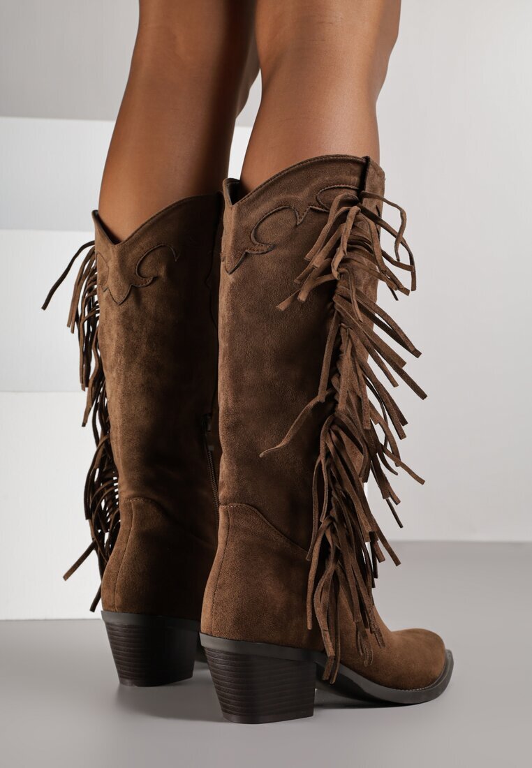  Cizme Maro Cowboy cu toc conic Decorate cu franjuri Reianeva
