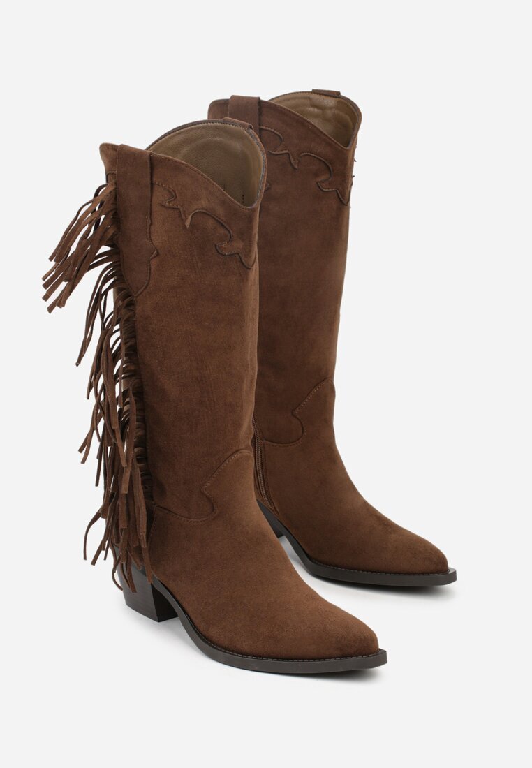  Cizme Maro Cowboy cu toc conic Decorate cu franjuri Reianeva
