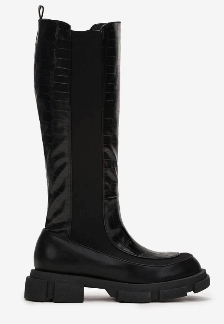  Cizme Negre cu Talpă Groasă cu Imprimeu Piele de Crocodil Ombroce