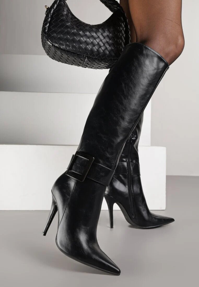  Cizme Negre cu toc stiletto cu cataramă metalică Evelinna