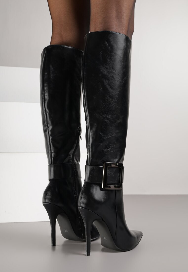  Cizme Negre cu toc stiletto cu cataramă metalică Evelinna