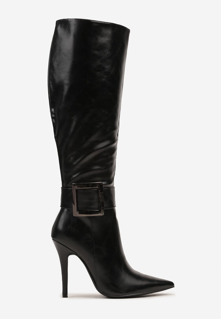  Cizme Negre cu toc stiletto cu cataramă metalică Evelinna